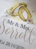 Mr &amp; Mrs Personalised Wedding Cushion Gold or Silver Rings - Wedding Anniversary Christmas Gift