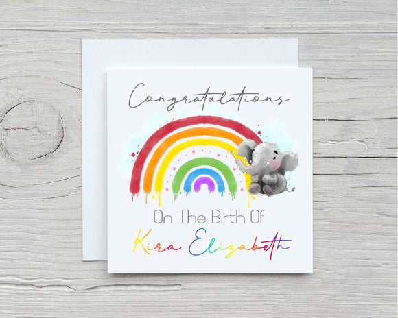 Personalised Congratulations New Baby Card - Rainbow Elephant Card
