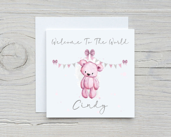 Personalised Congratulations New Baby Rainbow Card - Baby Pink, Baby Blue, Yellow Teddy Bear