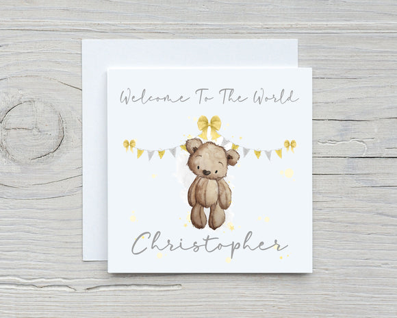 Personalised Congratulations New Baby Rainbow Card - Baby Pink, Baby Blue, Yellow Teddy Bear