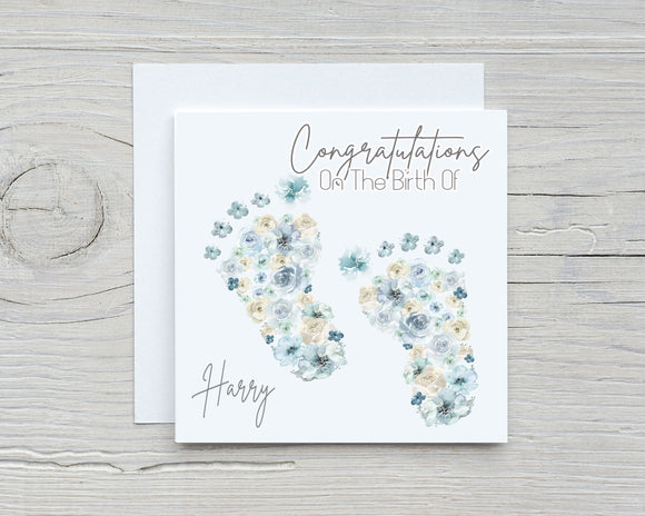 Personalised Congratulations New Baby Floral Footprint Card - Choose From Lilac or Blue/Green