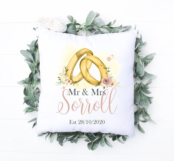 Mr & Mrs Personalised Wedding Cushion Gold or Silver Rings - Wedding Anniversary Christmas Gift