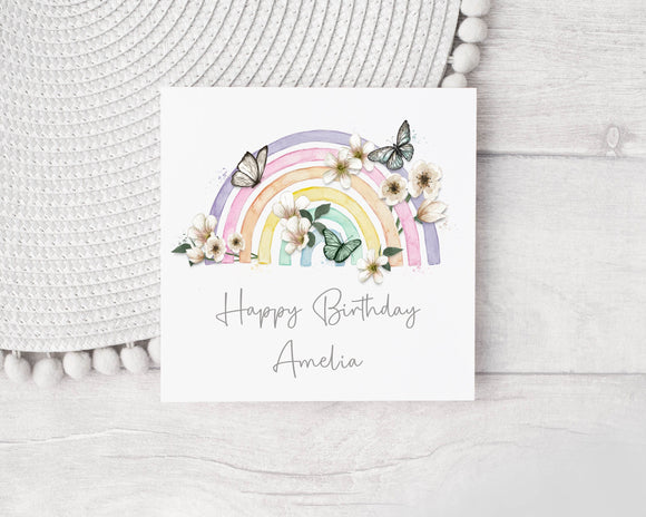 Personalised Rainbow Butterfly Birthday Pastel Greetings Card