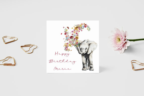 Personalised Floral Elephant Birthday Greetings Card