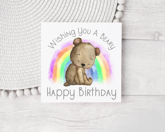 Personalised Beary Happy Birthday Card - Rainbow Card - Brown Bear