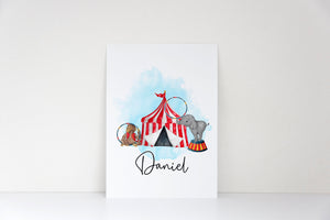 Personalised Circus Print - Circus Themed Bedroom Nursery - Letterbox Gift - Monkey Elephant Circus Tent